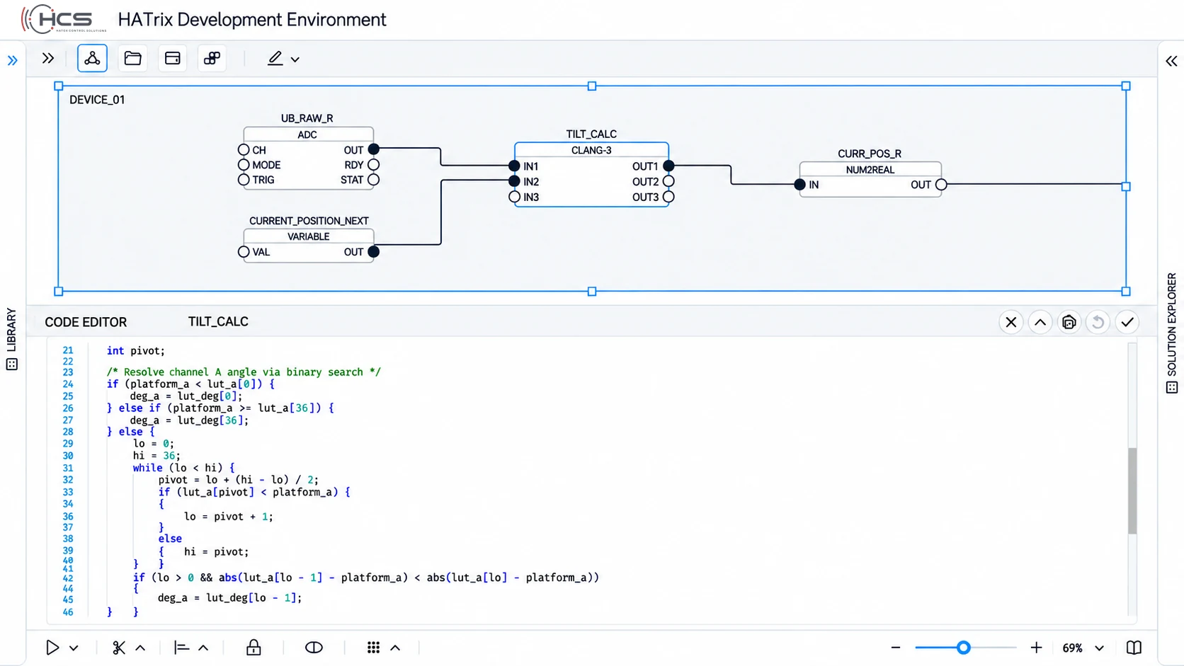 HATrix-Entwicklungsumgebung mit visuellen Funktionsblöcken und einem C-Code-Editor