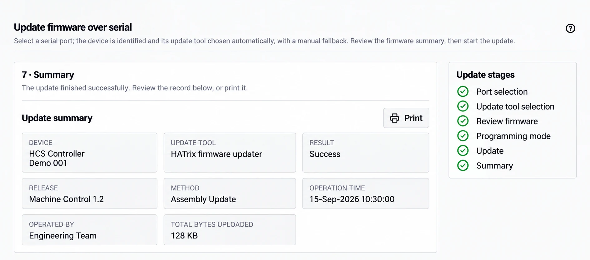 Zusammenfassung eines Software-Updates mit Beispieldaten zu Gerät und Release