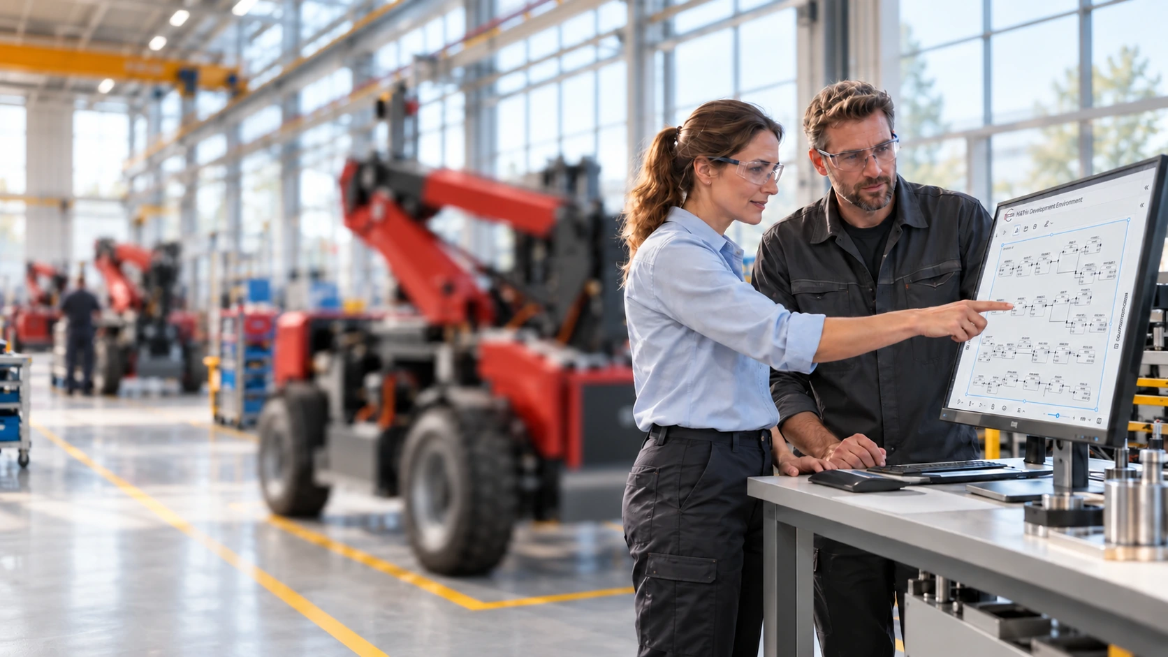 Ingenieure prüfen HATrix-Steuerungslogik neben einer Maschine in der Produktion