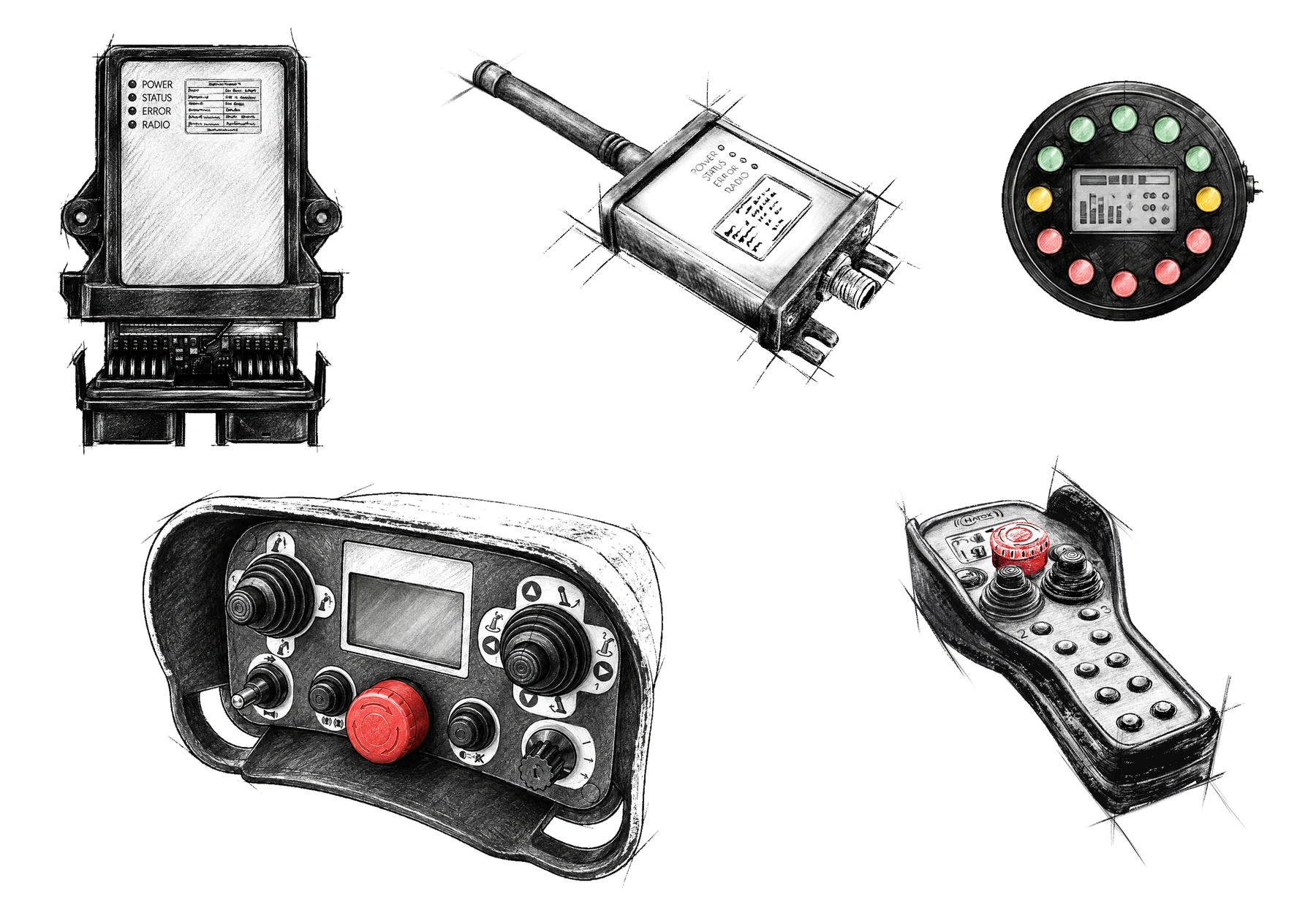 Kohlezeichnungen von H181, CAN-Transceiver, RACcon, HATlite und CANdisplay