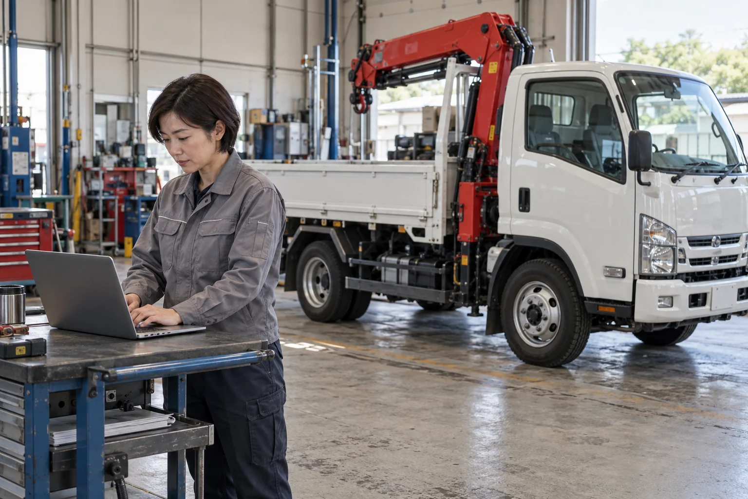 Ein Ingenieur prüft in einer Werkstatt einen Laptop neben einem stehenden Lkw mit Ladekran.